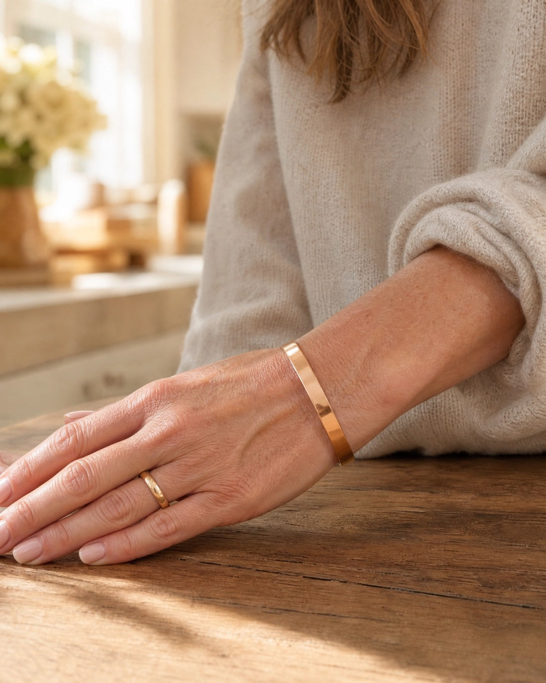 Woman wearing the Tibetan copper cuff